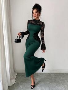 Modelyn 優雅高端女士風蕾絲拼接鏤空撞色長袖修身顯瘦女款正式長洋裝 - 墨綠色 - 查看 6