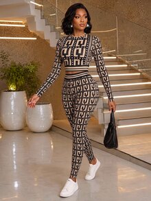 SHEIN Lady Women's Geometric Print Long Sleeve Top And Leggings 2 Pieces Set - Khaki - View 2