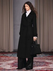 Anewsta Women's Solid Color Lapel Neck Long Sleeve Double-Breasted Casual Trench Coat Jacket - Black - View 2
