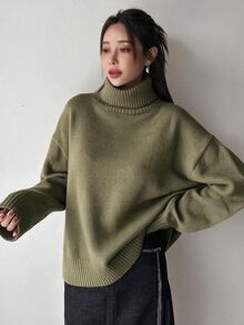 DAZY 女款秋冬百搭休閒純色高領毛衣 - 軍綠色 - 查看 3