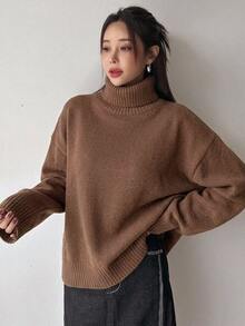 DAZY 女款秋冬百搭休閒純色高領毛衣 - 咖啡棕 - 查看 5