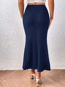 SHEIN PETITE CURVE 大尺碼女款純色魚尾下擺長裙，優雅秋季款 - 寶藍色 - 查看 2