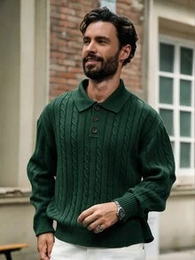 Claim Dot 男士純色粗繩編織 Polo 領休閒長袖套頭毛衣，秋冬款 - 墨綠色 - 查看 4