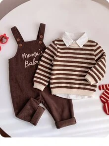 Baby Boy Cute Versatile Casual Letter Pattern Corduroy Winter Romper Baby Boy Fall Clothes - Brown - View 1