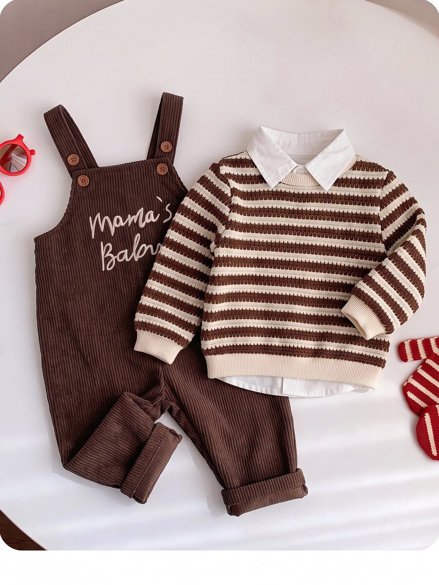 Baby Boy Cute Versatile Casual Letter Pattern Corduroy Winter Romper Baby Boy Fall Clothes - Brown - View 1