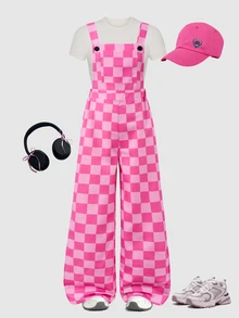 SHEIN Tween Girls Fleece Fall Clothes Autumn/Winter Ribbed Corduroy Adjustable Buckle Elastic Waist Jumpsu - Pink - View 7