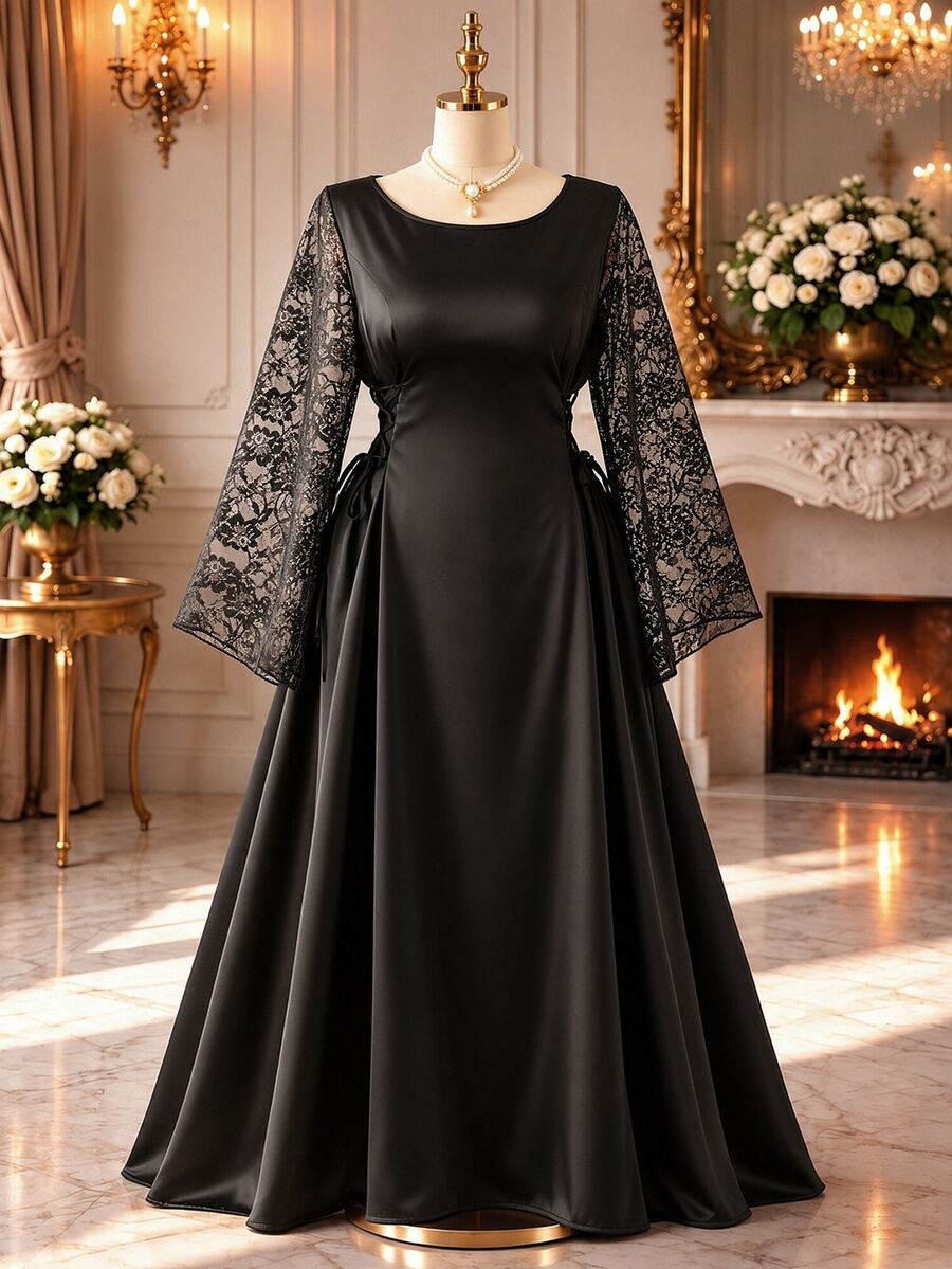 Rometta Plus Size Round Neck Long Satin Dress With Cinched Waist And Lace Sleeve Patchwork - Black - View 1