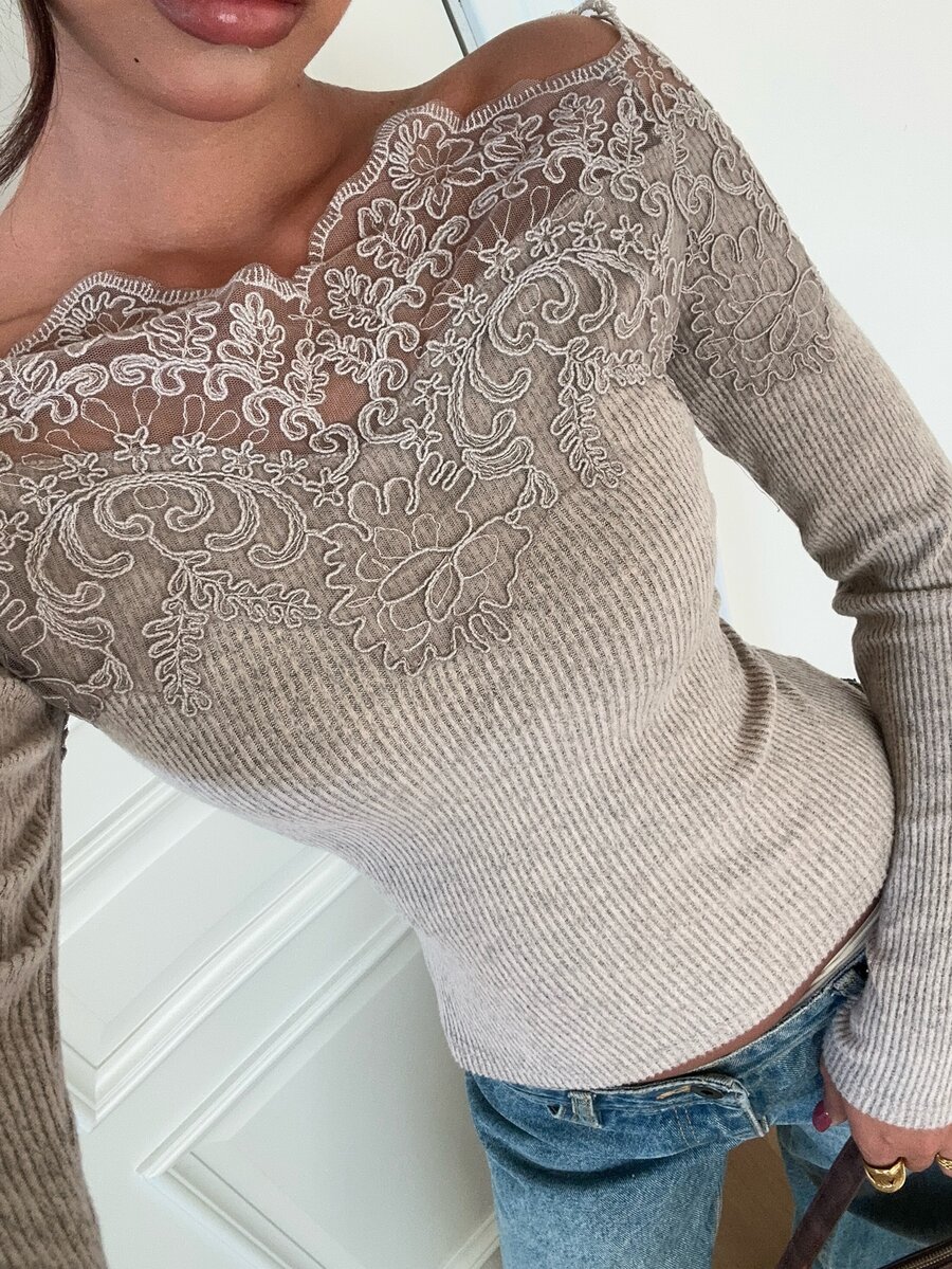 Siren Gaze Women's Off-Shoulder Slim Fit Versatile Daily Long Sleeve T-Shirt - Apricot - View 1
