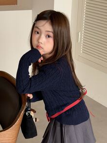 Dazy Kids (Gadis Remaja) Sweater Rajut Kabel Lengan Panjang Pas Badan Model Dasar, Musim Gugur/Dingin - Navy Blue - View 5