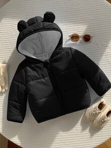 SHEIN 男女嬰兒通用 秋冬保暖內裡加厚熊耳藍色填充外套 嬰兒填充外套 冬季外套 絎縫外套 保暖 - 黑色 - 查看 3