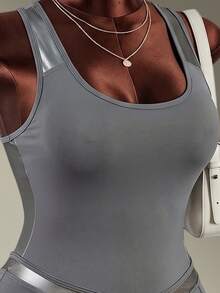 Amplova Women's Plus Size Grey Plain PU Fabric Patchwork Tank Top Backless Jumpsuit - Grey - View 6