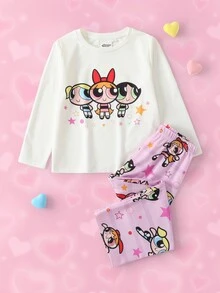 THE POWERPUFF GIRLS X SHEIN 女童卡通印花長袖上衣與長褲家居服套裝 - 粉色 - 查看 1
