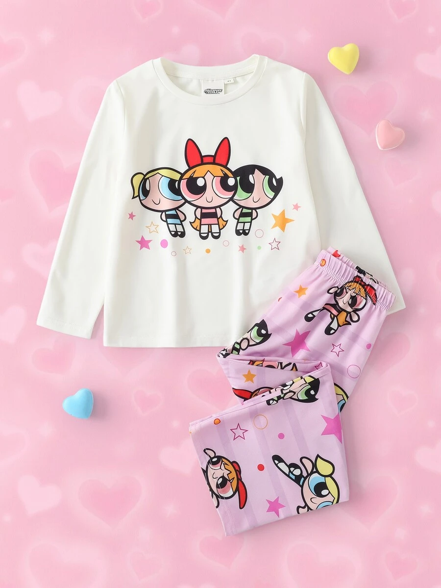 THE POWERPUFF GIRLS X SHEIN 女童卡通印花長袖上衣與長褲家居服套裝 - 粉色 - 查看 1