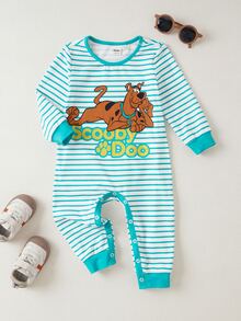 SCOOBY-DOO X SHEIN Baby Boy Striped Letter Cartoon Print Casual Daily Long Sleeve Jumpsuit - Blue - View 1