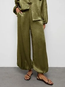 Maija 秋季女款氣球褲，寬鬆版型緞面休閒優雅度假節慶派對辦公室晚餐早午餐外出深棕色 - 綠色 - 查看 3