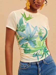 Travachic 女款花卉印花圓領時尚度假上衣 米色優雅熱帶性感 派對上衣 田園休閒上衣 - 彩色 - 查看 5