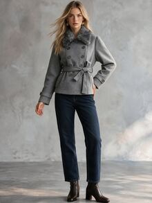 Trelyra Elegant Comfortable French Vintage Commute Chic Design High-End Versatile Fur Collar Overcoat - Grey - View 7