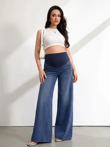 SHEIN 孕婦高腰寬腿鬆垮休閒百搭牛仔褲 秋冬優雅度假正式商務牛仔風節慶典禮藍色基礎款 - 彩色 - 查看 9