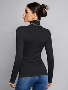 SHEIN Tall 簡約純色修身高領白色上衣，適合秋冬，適合高個女性 - 深灰色 - 查看 2