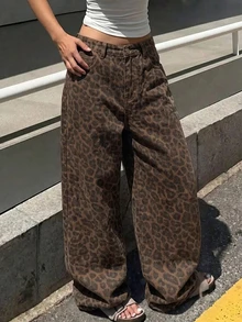SHEIN 青少年女孩豹紋印花口袋寬腿寬鬆休閒牛仔褲 - 彩色 - 查看 3