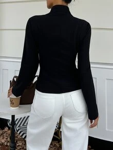 SHEIN Clasi 大尺碼優雅雙排扣拉鍊長袖夾克 - 黑色 - 查看 2