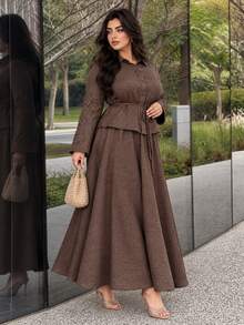 Solavon Plus Size Button Long Sleeve Shirt And Midi Skirt 2 Pieces Set - Coffee Brown - View 6