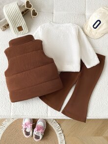 SHEIN 3件套女嬰休閒俏皮風，3D熊貼布繡，立領無袖背心搭配毛茸長袖上衣與喇叭長褲，燈芯絨面料背心，柔軟上衣與長褲，適合日常外出，可愛俏皮百搭3件套 - 棕色 - 查看 2