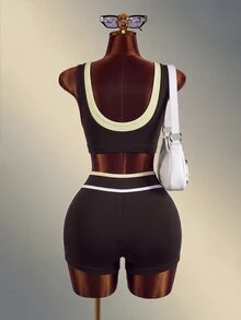Mistrie 1pc Brown & Yellow Colorblock Tank Top Two-Piece Yoga Sports Set - Multicolor - View 2
