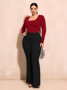 SHEIN SXY Plus Size Solid Scoop Neck Bodysuit - Red - View 5