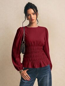 Poéselle 女款米色圓領泡泡袖鬆緊腰下擺荷葉邊上衣，優雅長袖風格，紋理百褶設計，夏季女士茶會上衣 - 酒紅色 - 查看 6