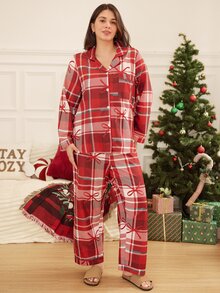 Doze Lane Plus Size Bow Plaid Print Button-Down Lapel Long Sleeve Pants Pajama Set - Red - View 2