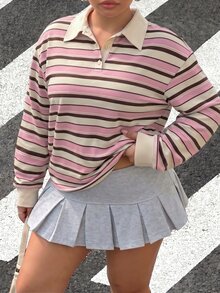 Muchica 大尺碼女款條紋落肩長袖休閒寬鬆襯衫 秋季 - 粉色 - 查看 3