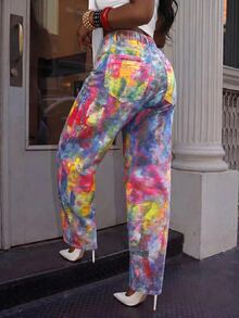 Slaydiva Plus Size Women's Tie-Dye Tapered Casual Denim Jeans With Pockets - Multicolor - View 3