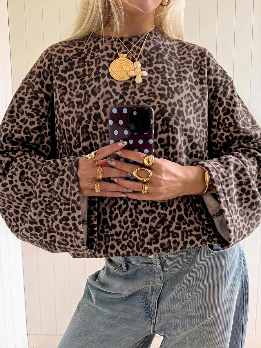 SHEIN EZwear 海外長袖復古豹紋印花秋季女款T恤,適合日常通勤、派對、秋冬/夏季、聖誕節、新年、感恩節、派對、婚禮、海灘、畢業典禮、優雅、外出、約會、通勤、情人節、優雅、度假、Y2K、畢業典禮等場合 - 彩色 - 查看 1