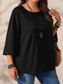 EMERY ROSE Plus Size Women's Autumn/Winter Casual Black Solid Color Round Neck Loose Fit 3/4 Sleeve Blouse - Black - View 6
