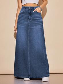 Rivivi Women's Casual Denim Skirt With Pockets And Buttons For Daily Wear - Blue - View 6