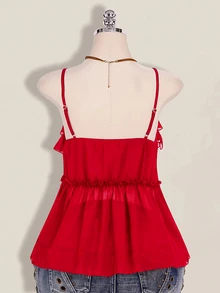 SHEIN ICON 大尺碼女款荷葉邊雪紡純色綁帶細肩帶背心 - 紅色 - 查看 2