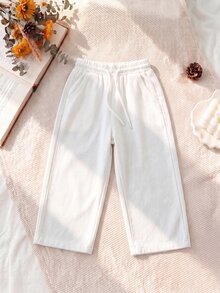 SHEIN Explorewe 女童牛仔褲，秋季新款，白色，彈性腰帶抽繩設計，寬鬆版型，輕量柔軟丹寧布料，舒適親膚，適合四季穿著；完美適用於日常穿著、拍照、購物、旅行、度假等多種場合；2026新款女童牛仔褲 - 白色 - 查看 8