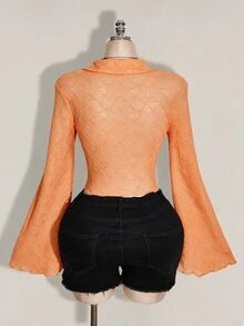 SHEIN ICON ICON PLUS 生菜邊飾不對稱下擺透視上衣 無內衣設計 大尺碼女式襯衫-1891，Y2k/秋季/冬季 - 橘色 - 查看 2