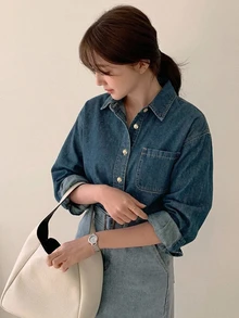 DAZY Light Wash Blue Collared Pocket Loose Long Sleeve Denim Shirt Spring Summer Autumn - Blue - View 6