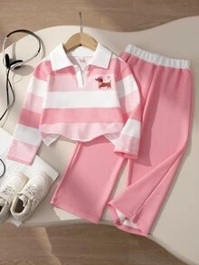 SHEIN 女童休閒 Polo 領兩件套，白色對比翻領粉色印花長袖上衣 + 粉色高腰 - 粉色 - 查看 8