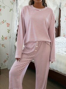 SHEIN Women's Casual Striped Print Round Neck Loose Long Sleeve Long Pants Pajama Set - Burgundy - View 4