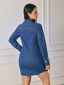 Flexra Women's Fashion Button-Up Waist Denim Dress - Dark Wash - View 2