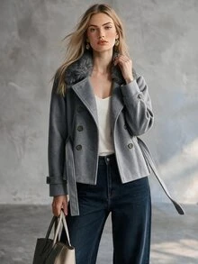Trelyra Elegant Comfortable French Vintage Commute Chic Design High-End Versatile Fur Collar Overcoat - Grey - View 4