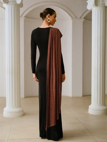 ZEYLAH Women's Colorblock 3D Floral Decor Elegant Patchwork Round Neck Cape Dress - Black - View 6