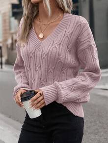 SHEIN LUNE Cable Knit Drop Shoulder Sweater In Fall/Winter,Casual - Pink - View 3