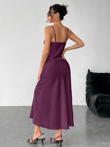 SHEIN PETITE 純色大翻領長版緞面細肩帶洋裝，適合約會與商務休閒，適合女性與嬌小女性 - 紫色 - 查看 2