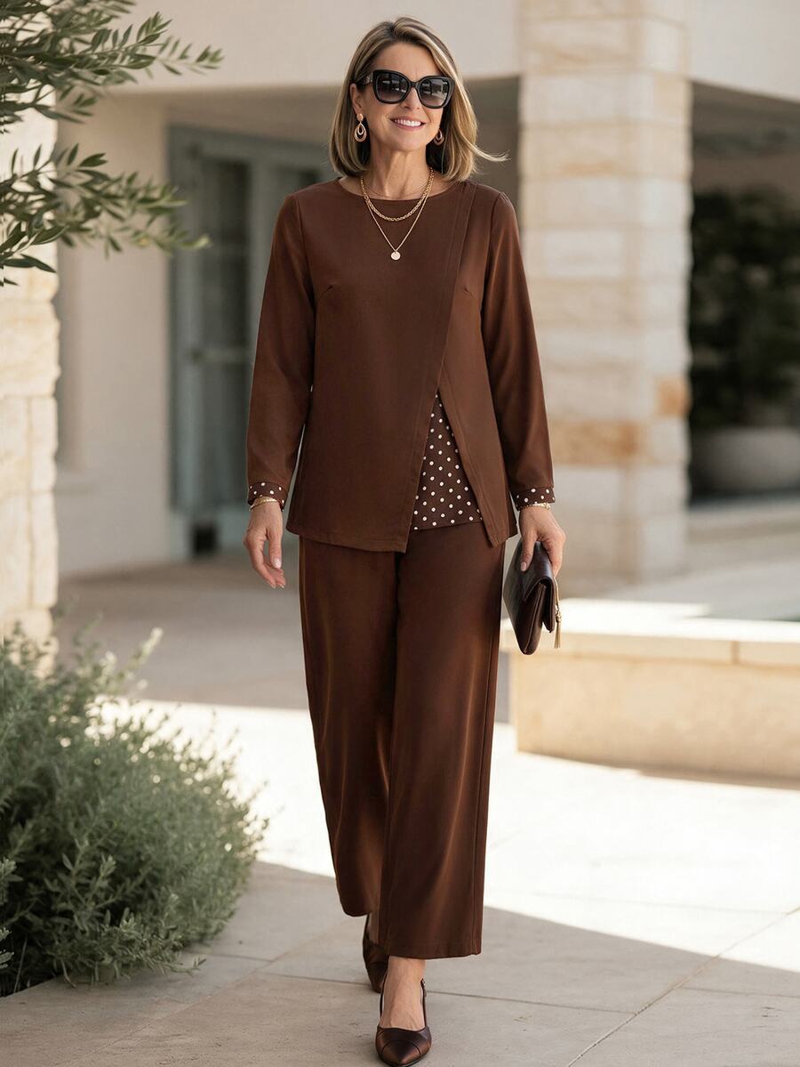 Miaspire Middle-Aged Women Polka Dot Print Patchwork Top And Pants Set - Brown - View 1