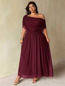 Auralis New Summer Brown Off Shoulder Ruffle Neck Metal Buckle Decor Plus Size Cinched Waist Flared Mesh Double Layer Dress Elegant Commute Evening Formal - Red Violet - View 7