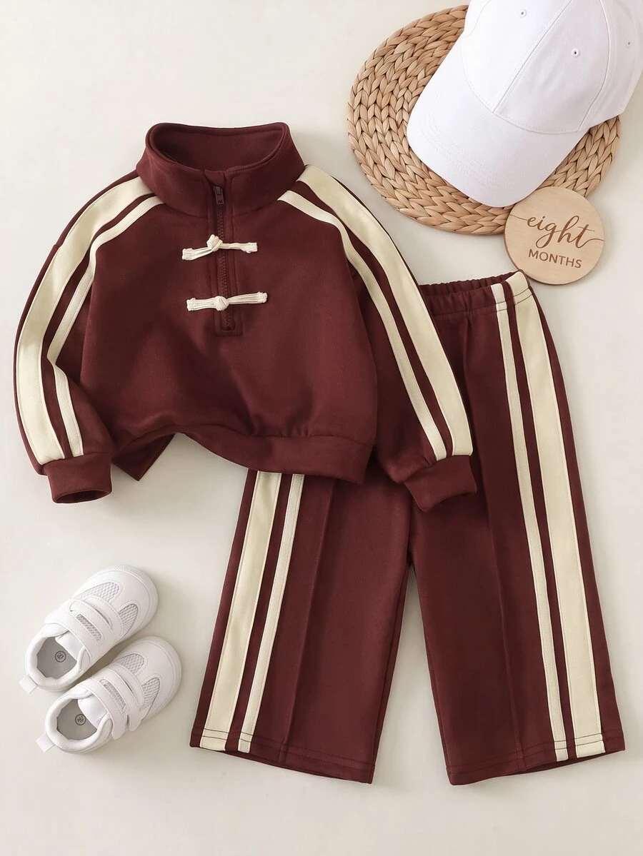 SHEIN Baby Girl Cute Pink Knit Autumn Winter Jacket And Elastic Waist Pants Set - Burgundy - View 1